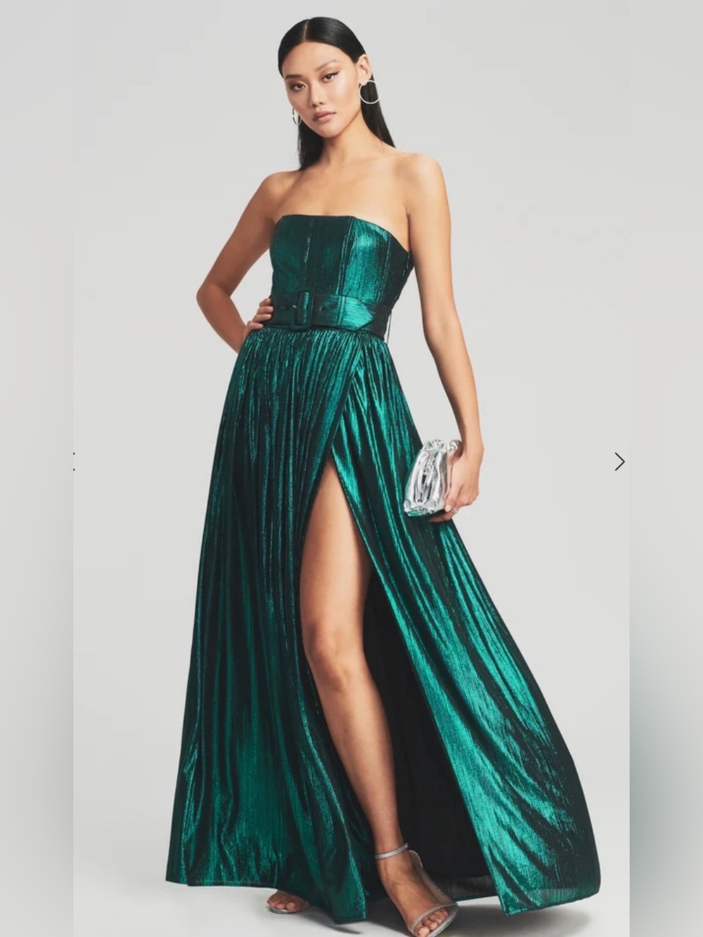 Retrofete Shimmery Emerald Strapless High-Slit Maxi Dress with Belt - Picture 3 of 15